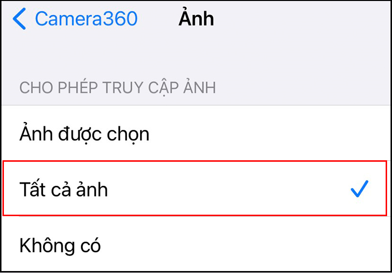 Chọn Tất cả ảnh để cho phép lưu ảnh từ Cài đặt